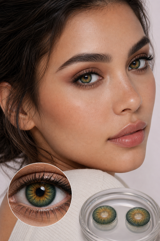 Forest Amber Bloom Green colored contacts - a softer wearable mood shown from two useful angles