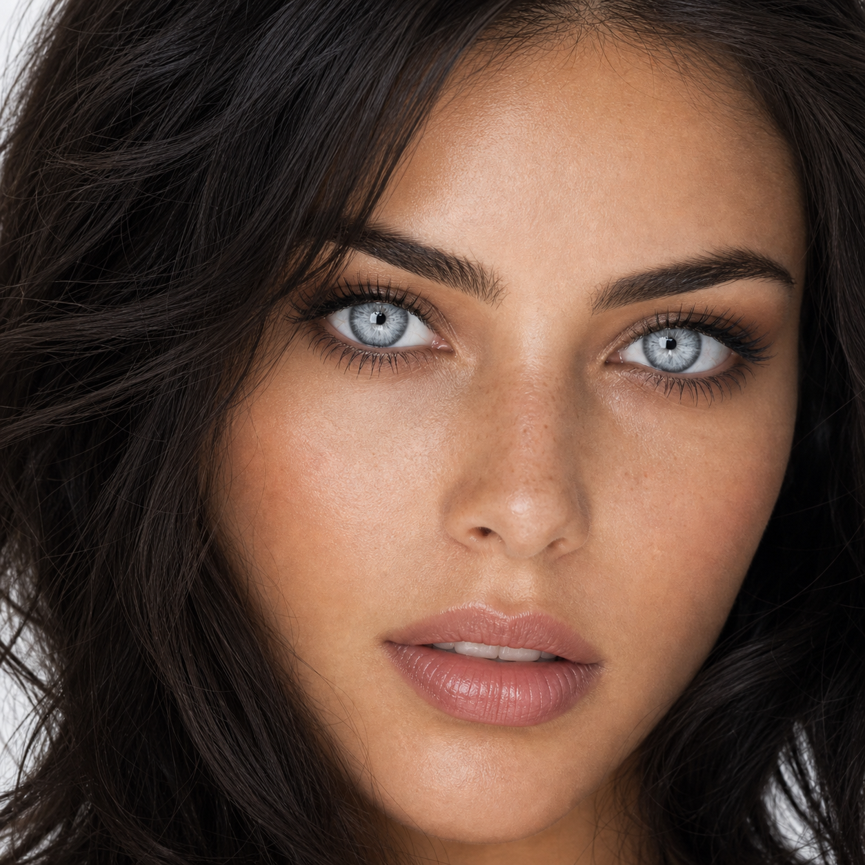 Icy Gray Muse colored contacts on model - close-up wearing effect