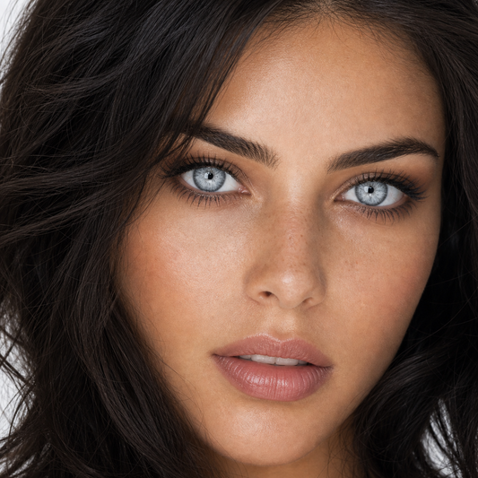 Icy Gray Muse colored contacts on model - close-up wearing effect