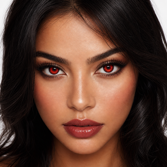 Crimson Eclipse Red colored contacts on model - close-up wearing effect