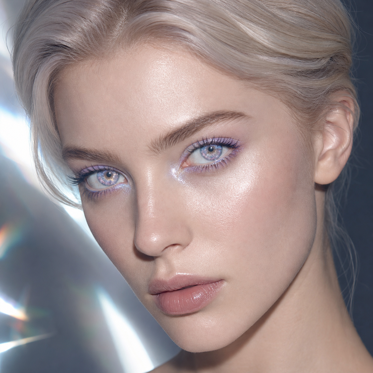 Opal Shift Prism colored contacts on model - prismatic flash editorial