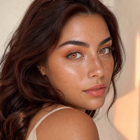Coral Ember Bloom colored contacts on model - coral sunlit window portrait
