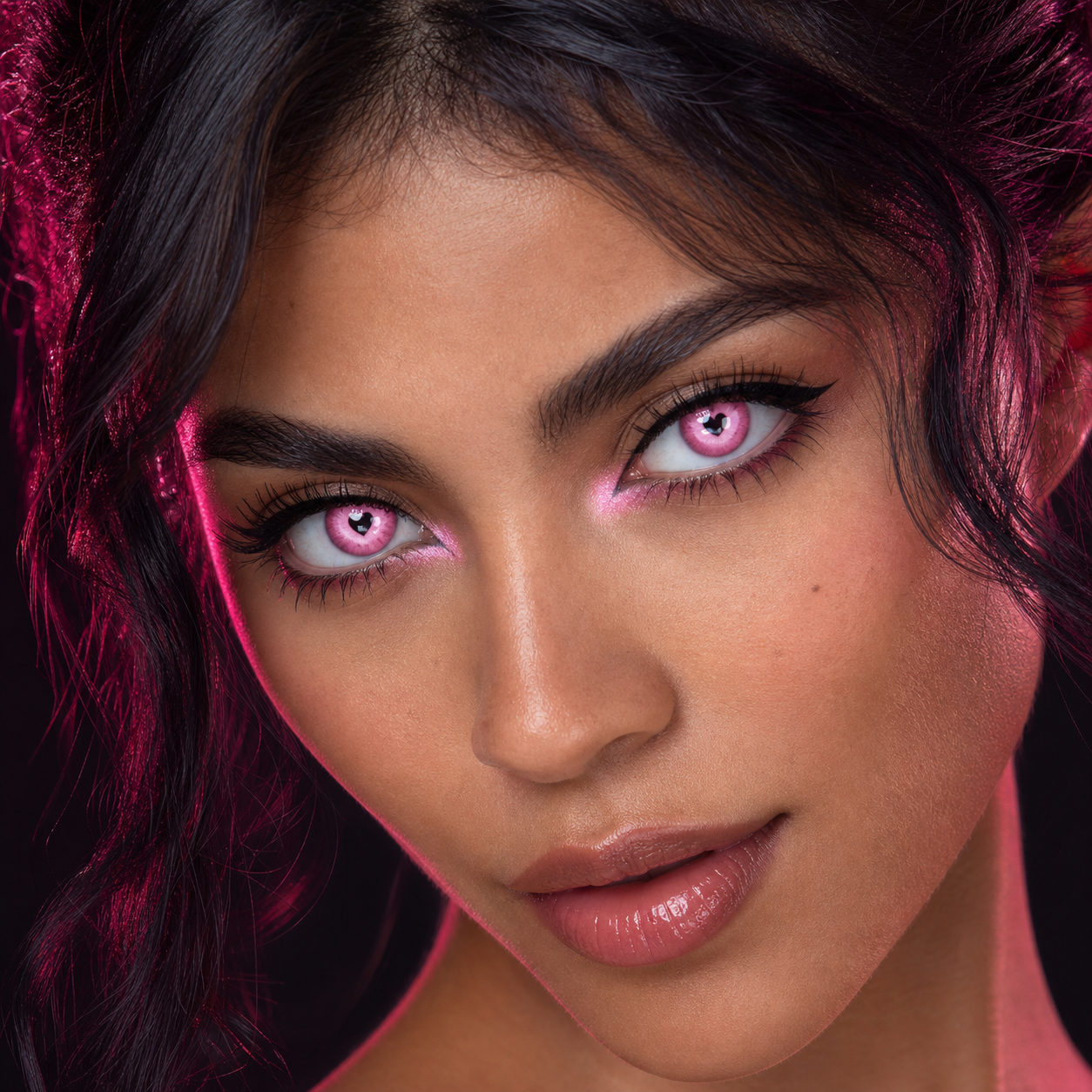Neon Ribbon Doll Pink colored contacts on model - arcade flash cosplay