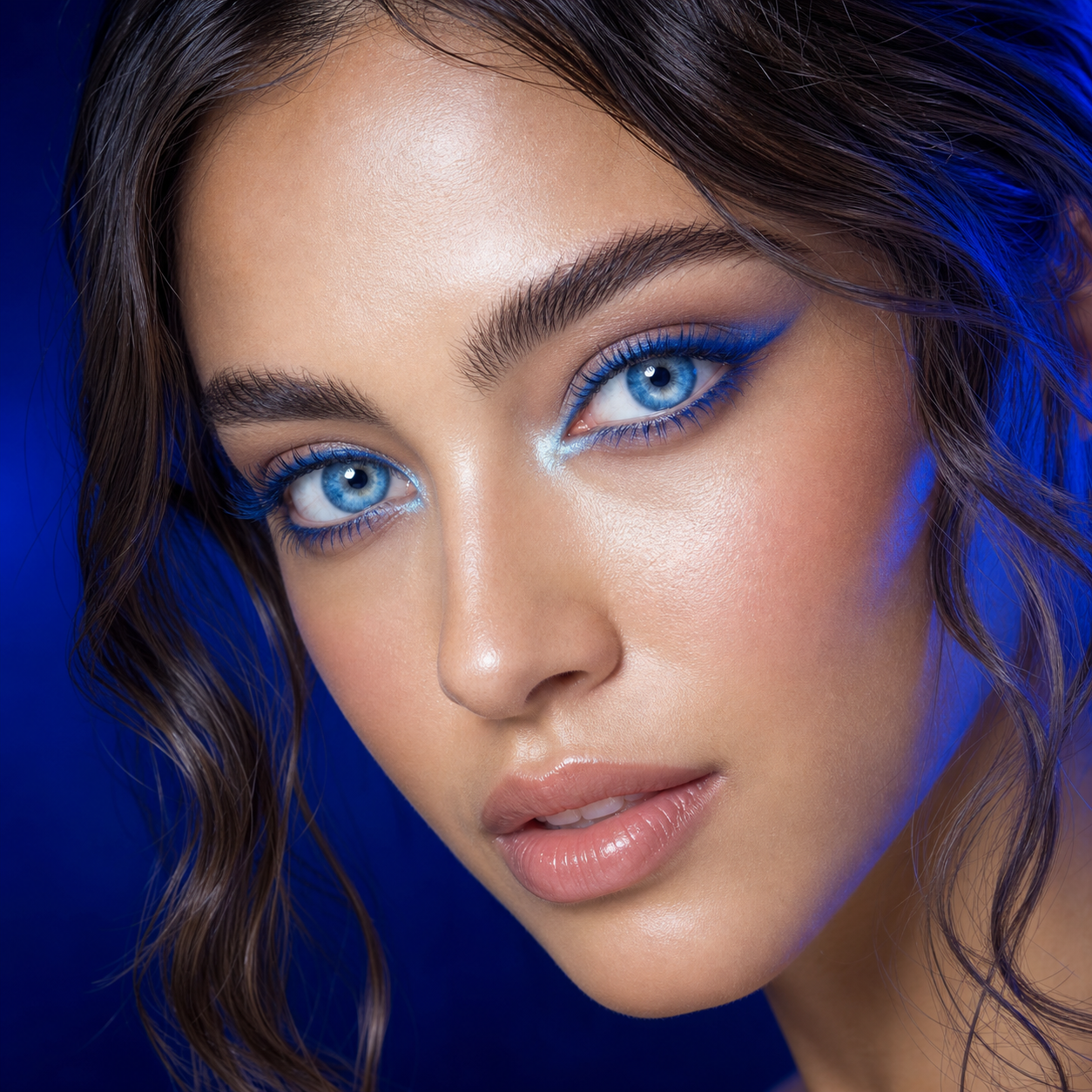 Cobalt Ink Marble Blue colored contacts on model - cobalt watercolor runway
