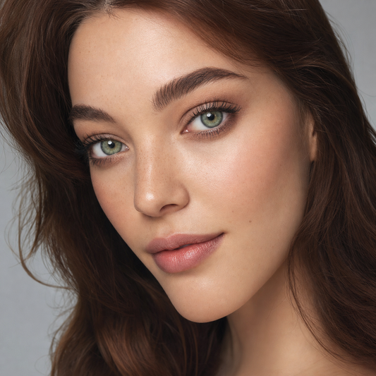 Sage Ripple Halo Green colored contacts on model - three-quarter editorial