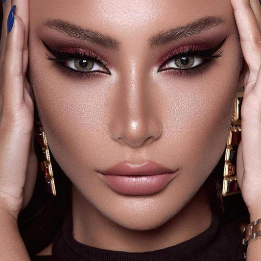 Fantasy Silky Green (12 Month) Contact Lenses On Dark Brown Eyes colored contact lenses