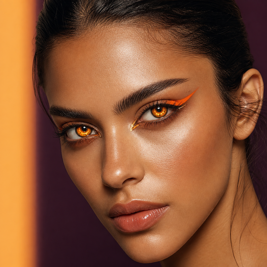 Tangerine Ember Ripple Orange colored contacts on model - tangerine cat-eye editorial