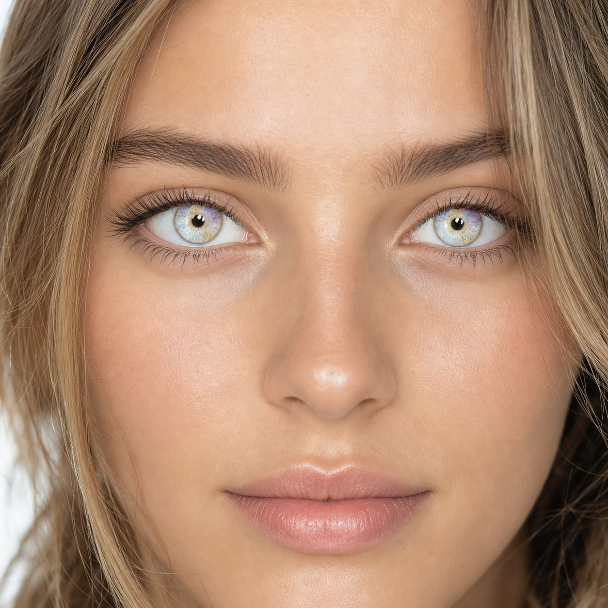 Prism Split Ring colored contacts on model - dewy daylight beauty