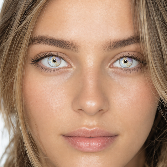 Prism Split Ring colored contacts on model - dewy daylight beauty