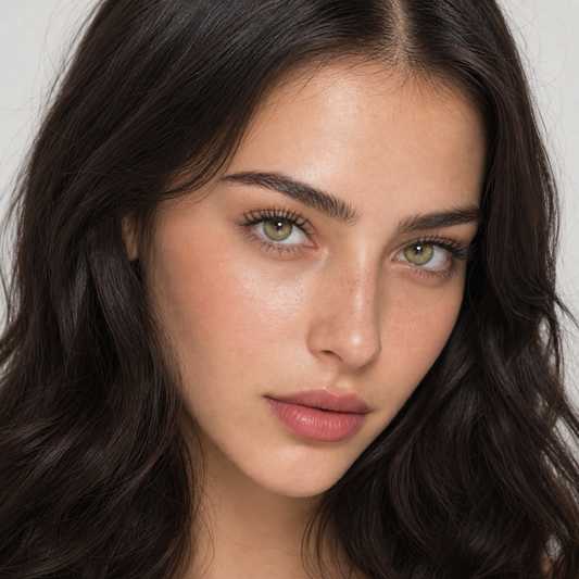 Olive Bloom Green colored contacts on model - natural olive green lens effect