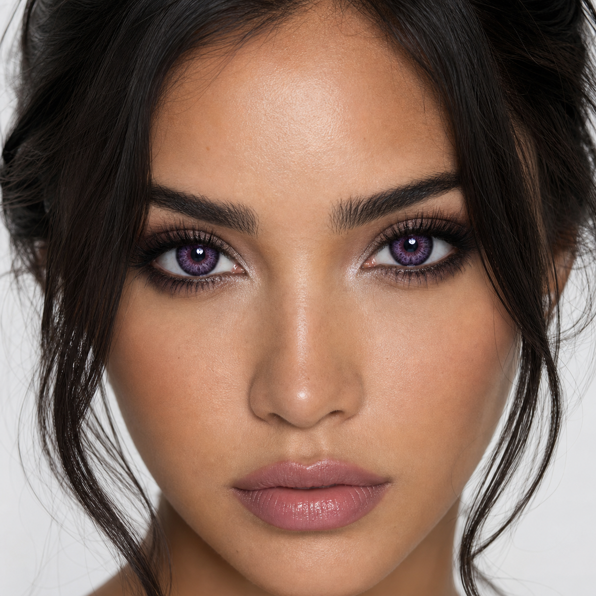 Plum Noir Violet colored contacts on model - close-up wearing effect