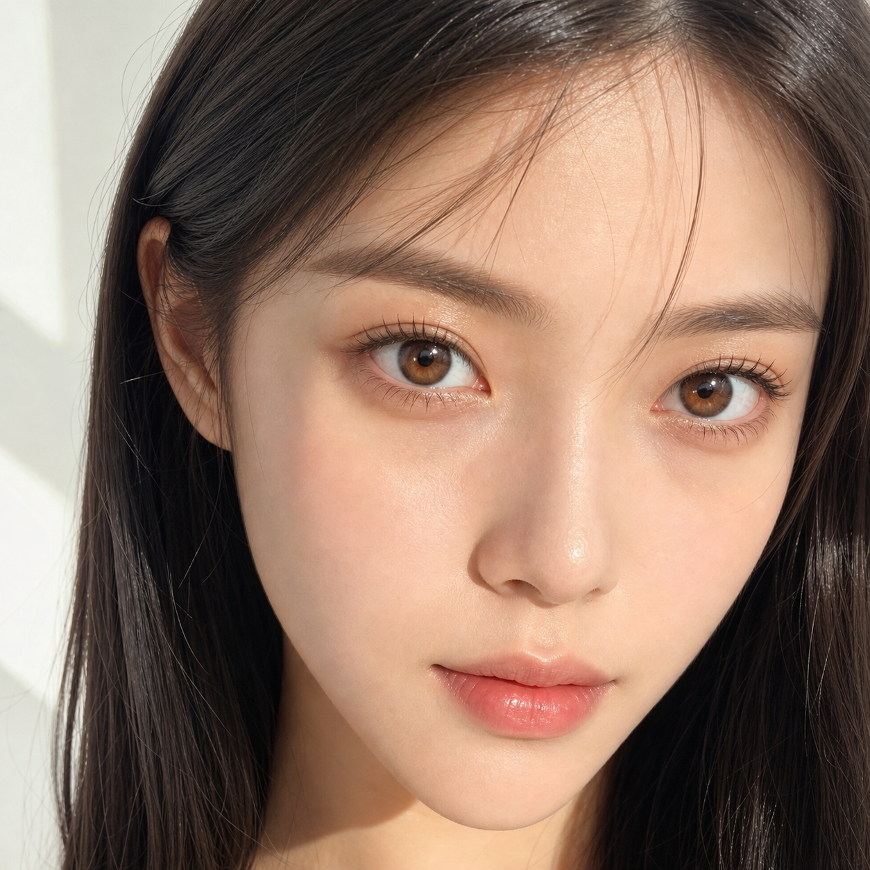 Chestnut Amber Ripple Brown colored contacts on model - dewy daylight beauty