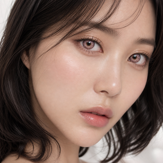 Mauve Champagne Bloom colored contacts on model - soft cherubic editorial