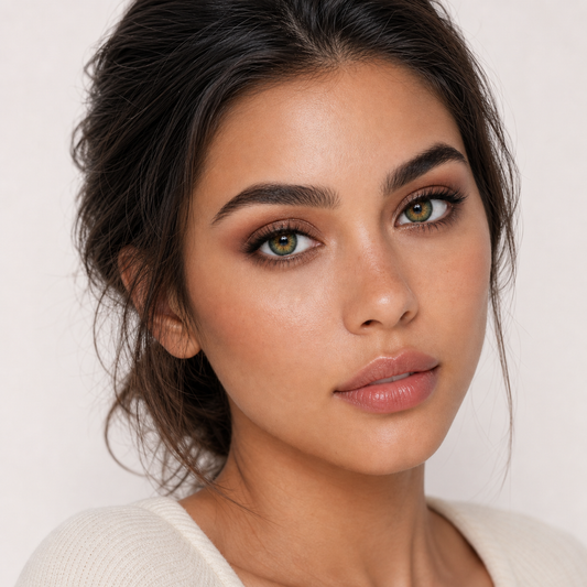 Forest Amber Bloom Green colored contacts on a clean studio model portrait