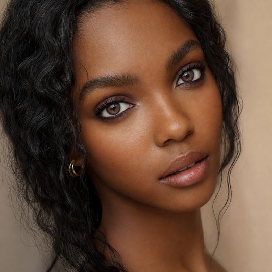 Plum Cocoa Halo Brown colored contacts on model - windowlight editorial