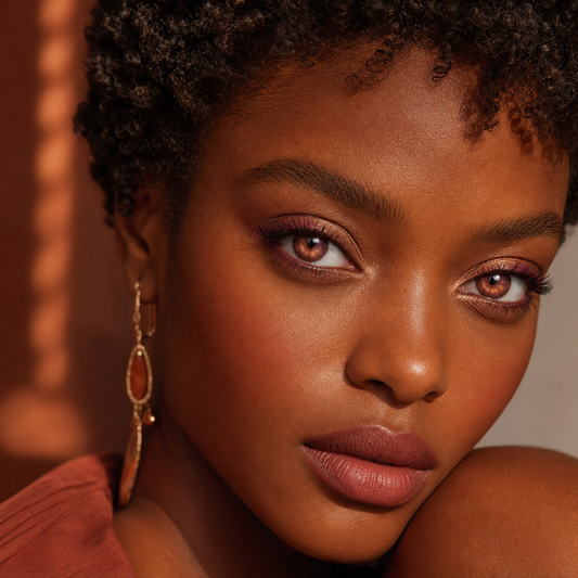 Copper Rose Flash colored contacts on model - sunset editorial side-light