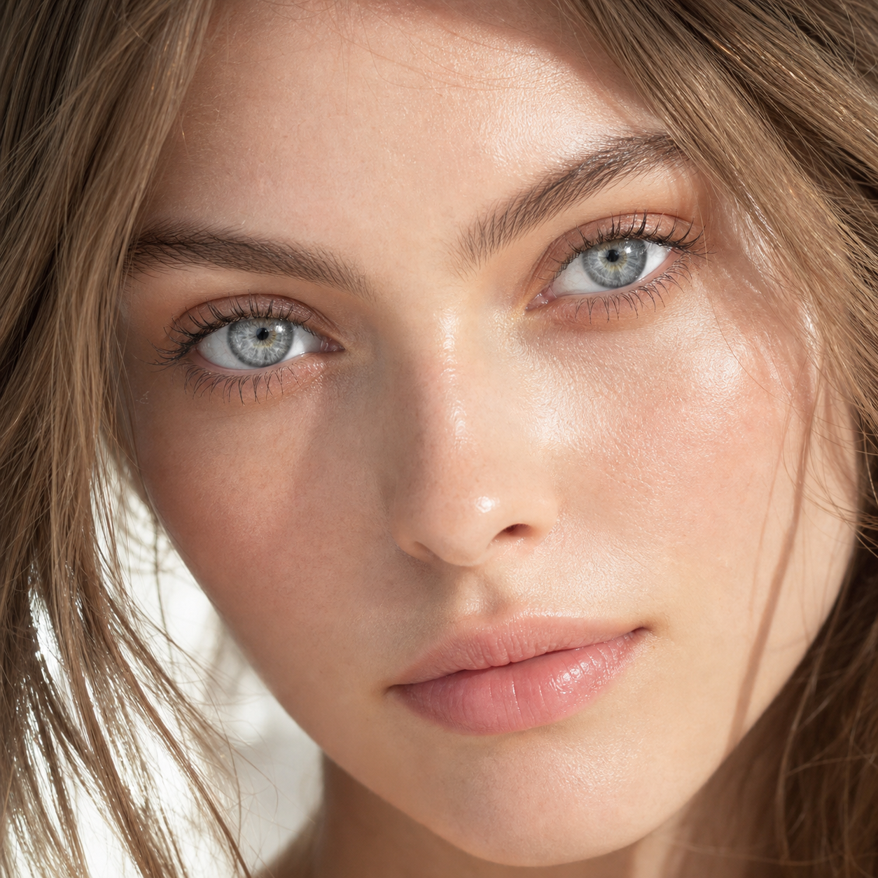 Pearl Water Gray colored contacts on model - dewy daylight beauty