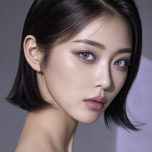 Silver Lilac Haze Gray colored contacts on model - opalescent sculptural profile