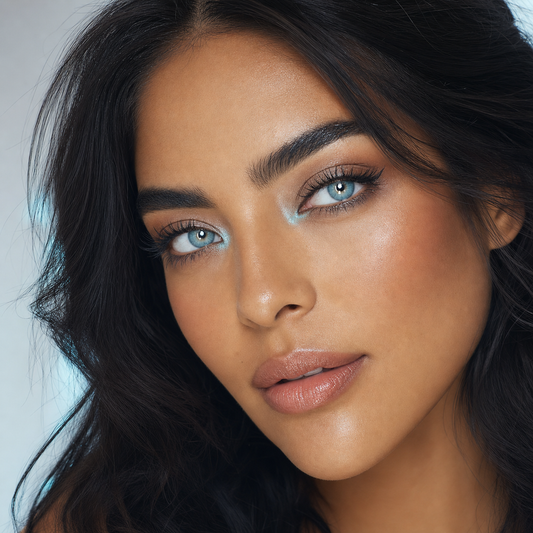 Aqua Glass Halo Blue colored contacts on model - chromatic makeup story