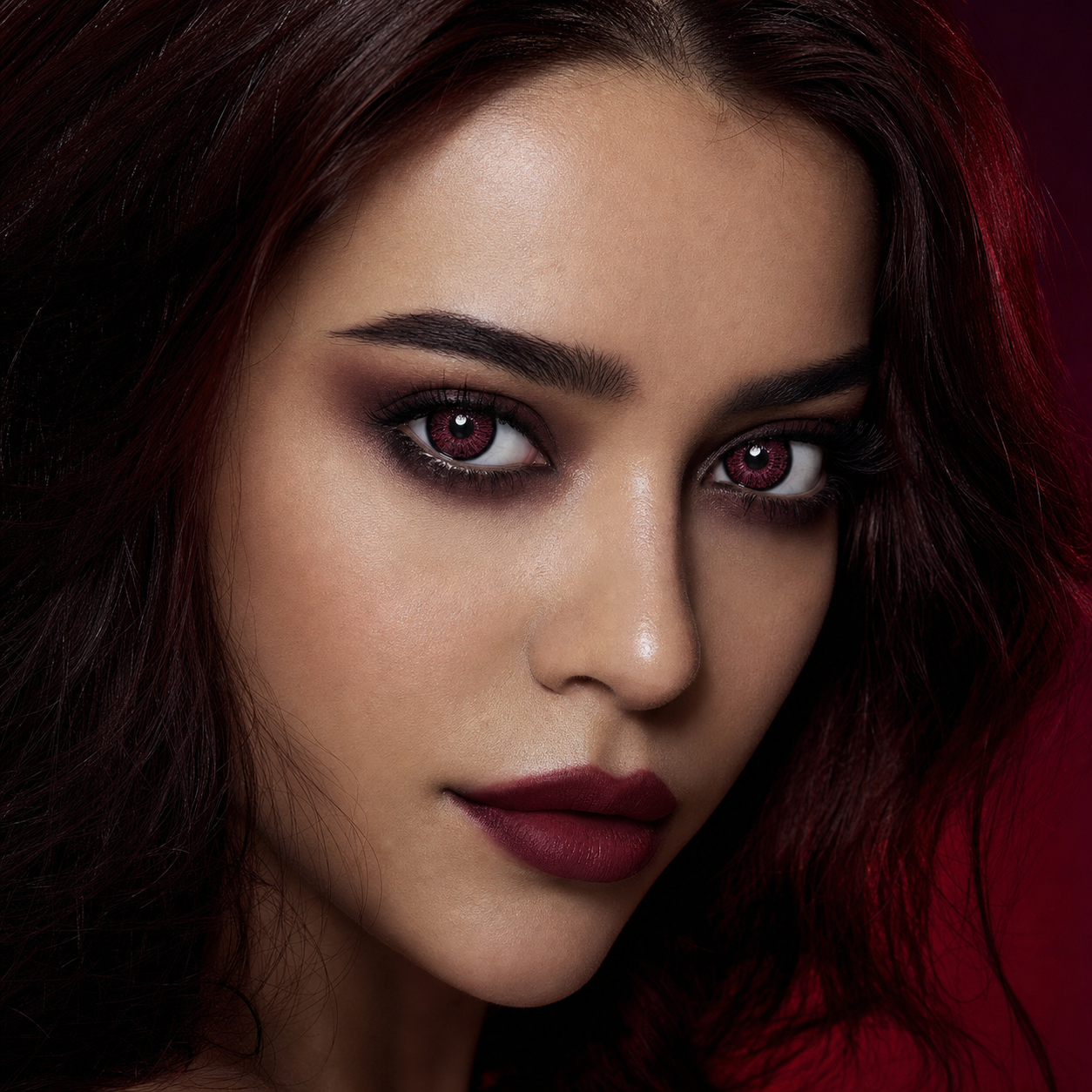 Black Cherry Vein Red colored contacts on model - burgundy lacquer campaign