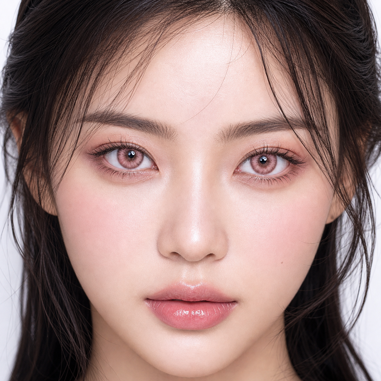 Rose Glass Halo Pink colored contacts on model - close-up wearing effect
