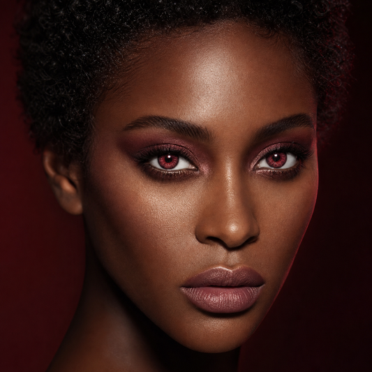 Crimson Garnet Veil colored contacts on model - nocturne chiaroscuro portrait
