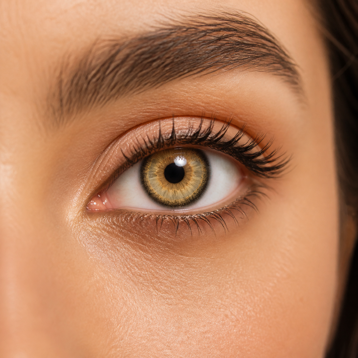 JA Brown colored contacts - a golden center and dimensional hazel spokes that make brown eyes look brighter without a harsh graphic edge