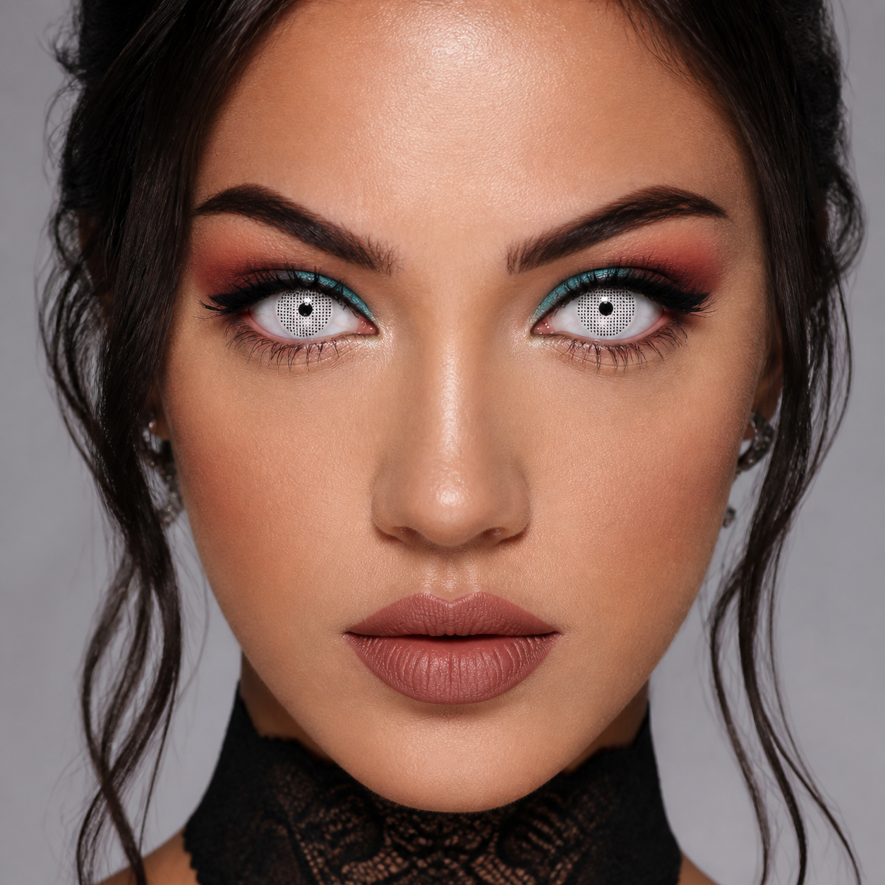 White Mesh Grid colored contacts on model - White mesh fantasy editorial