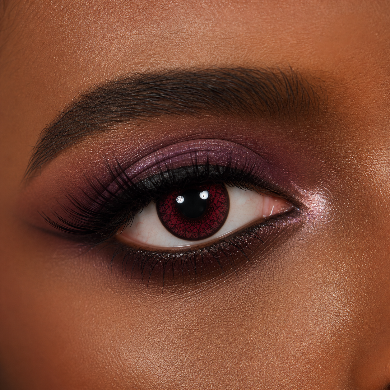 Crimson Garnet Veil colored contacts - cinematic garnet payoff with a visible character-ready pattern instead of flat red color