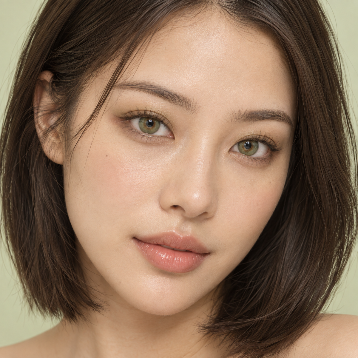 Lichen Pistachio Soft Veil colored contacts on model - lichen daylight beauty