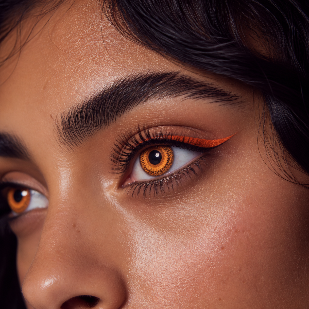 Tangerine Ember Ripple Orange colored contacts - high-impact orange cosplay color with a readable asymmetric iris design