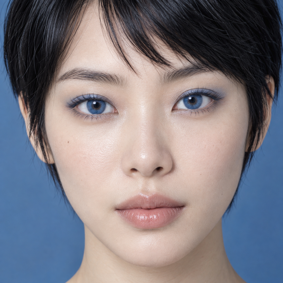 Cobalt Denim Feather Blue colored contacts on model - cobalt denim editorial