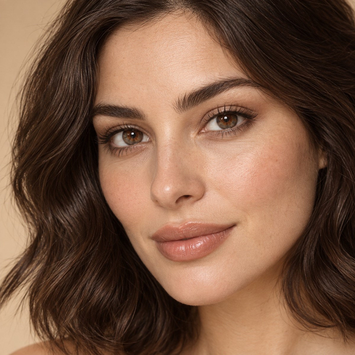 Toasted Pecan Petal Brown colored contacts on model - pecan window clean beauty