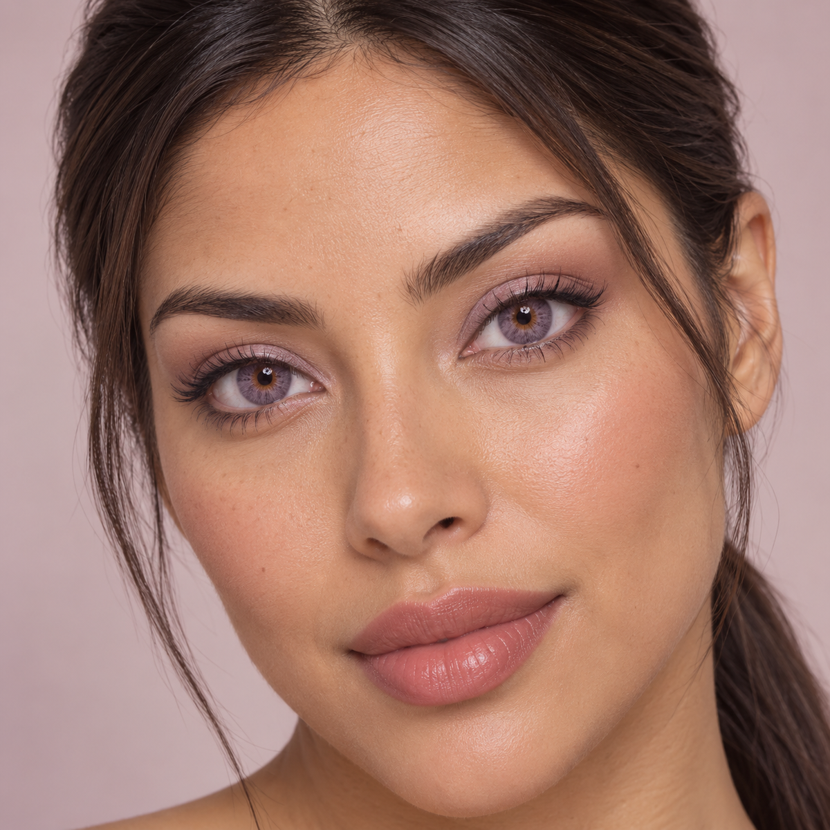 Frosted Orchid Fine Fleck colored contacts on model - orchid soft-focus beauty