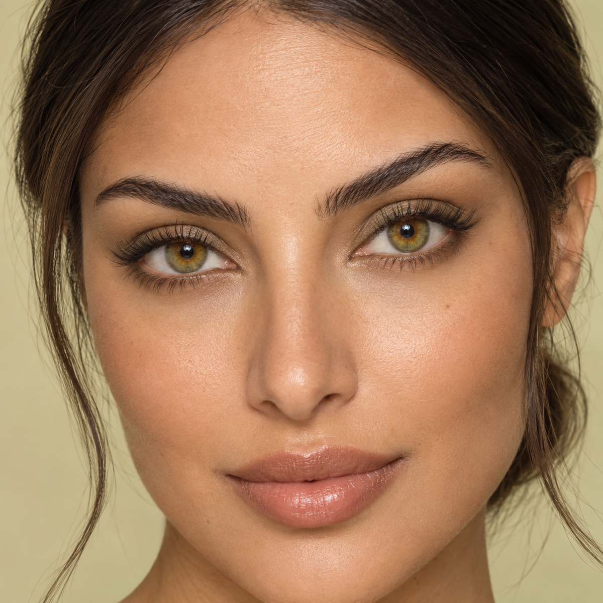 Citrine Olive Satin Blend colored contacts on model - citrine studio clean beauty