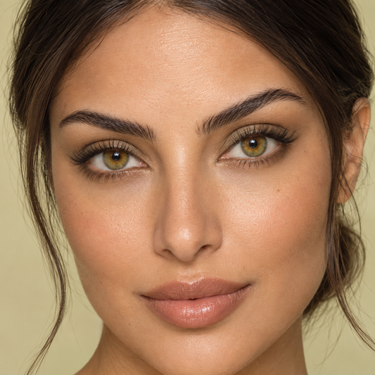 Citrine Olive Satin Blend colored contacts on model - citrine studio clean beauty