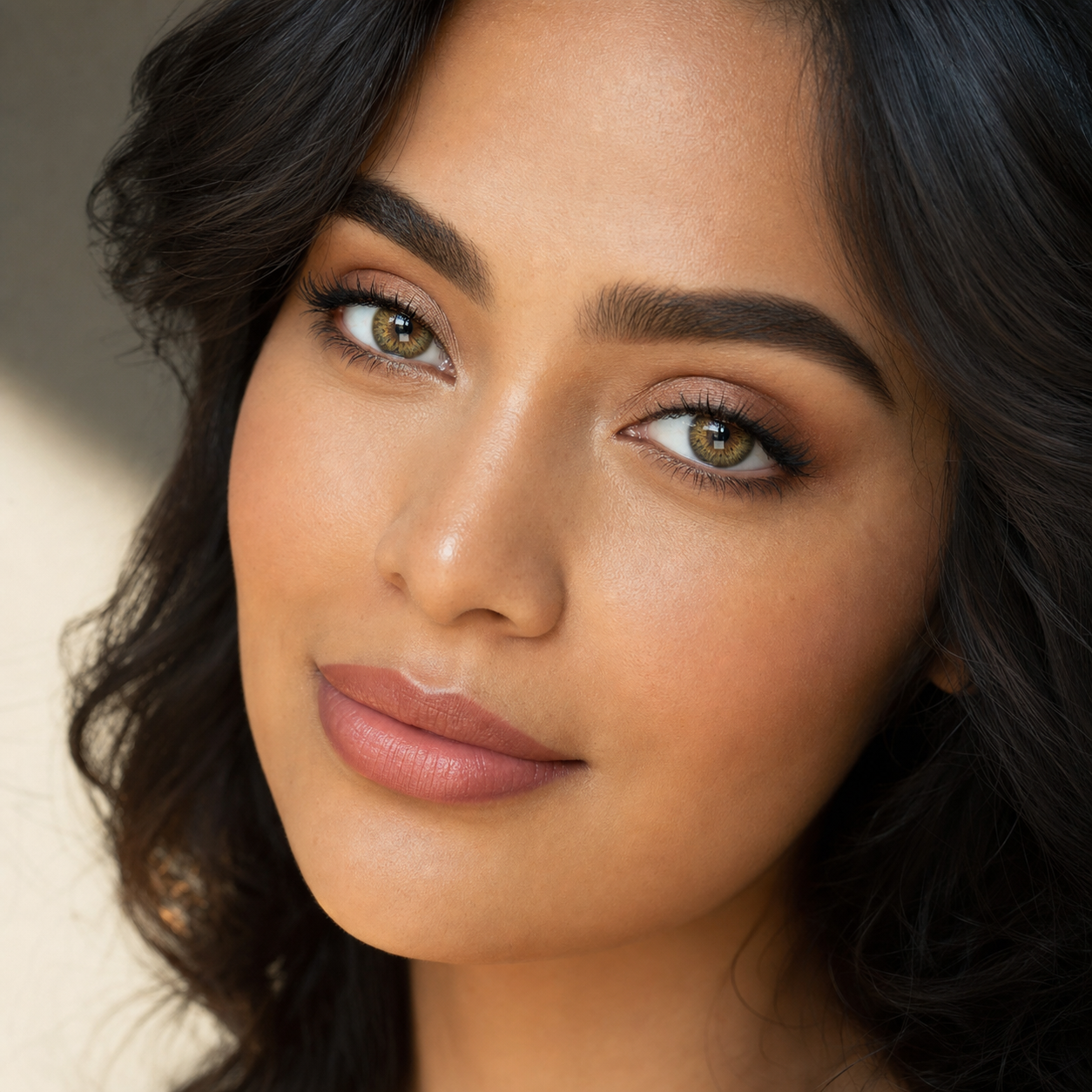Amber Lace Hazel colored contacts on model - golden window profile