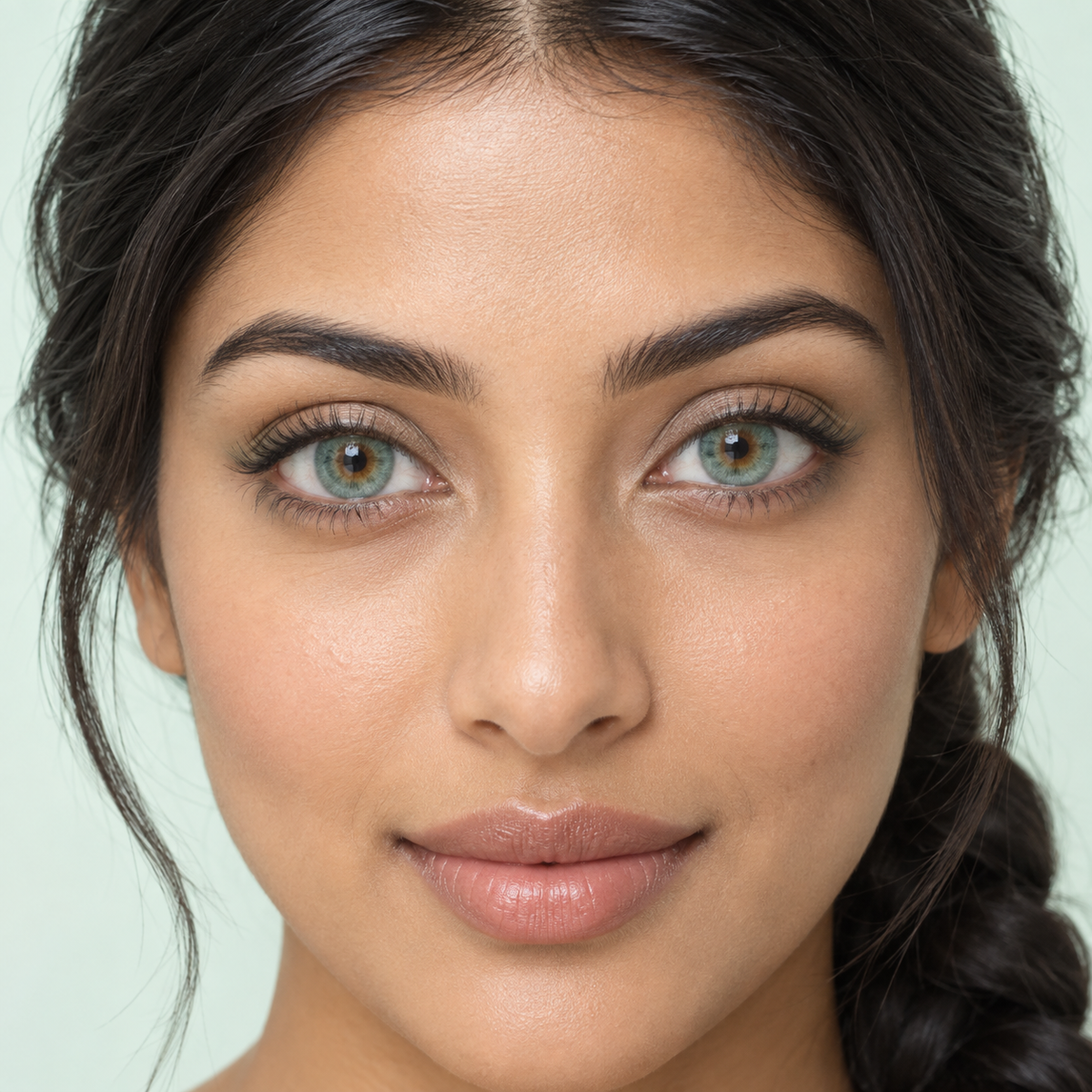 Aegean Mint Feather Gradient colored contacts on model - Aegean clean beauty