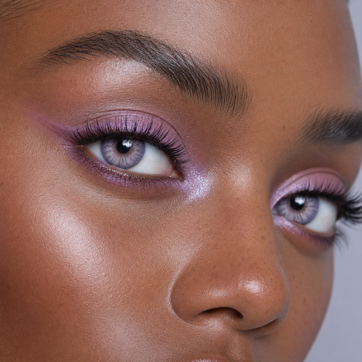 Frosted Lavender Veil colored contacts - cool reflective lavender payoff with a recognizable shard-like iris print