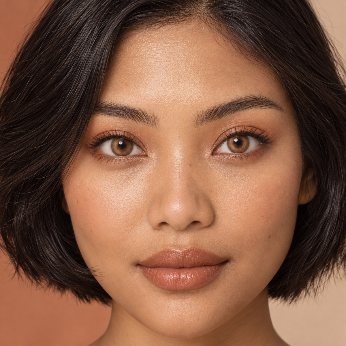 Burnt Apricot Copper Dapple colored contacts on model - burnished apricot editorial