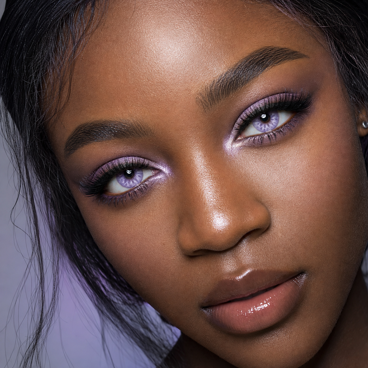 Frosted Lavender Veil colored contacts on model - graphic color campaign