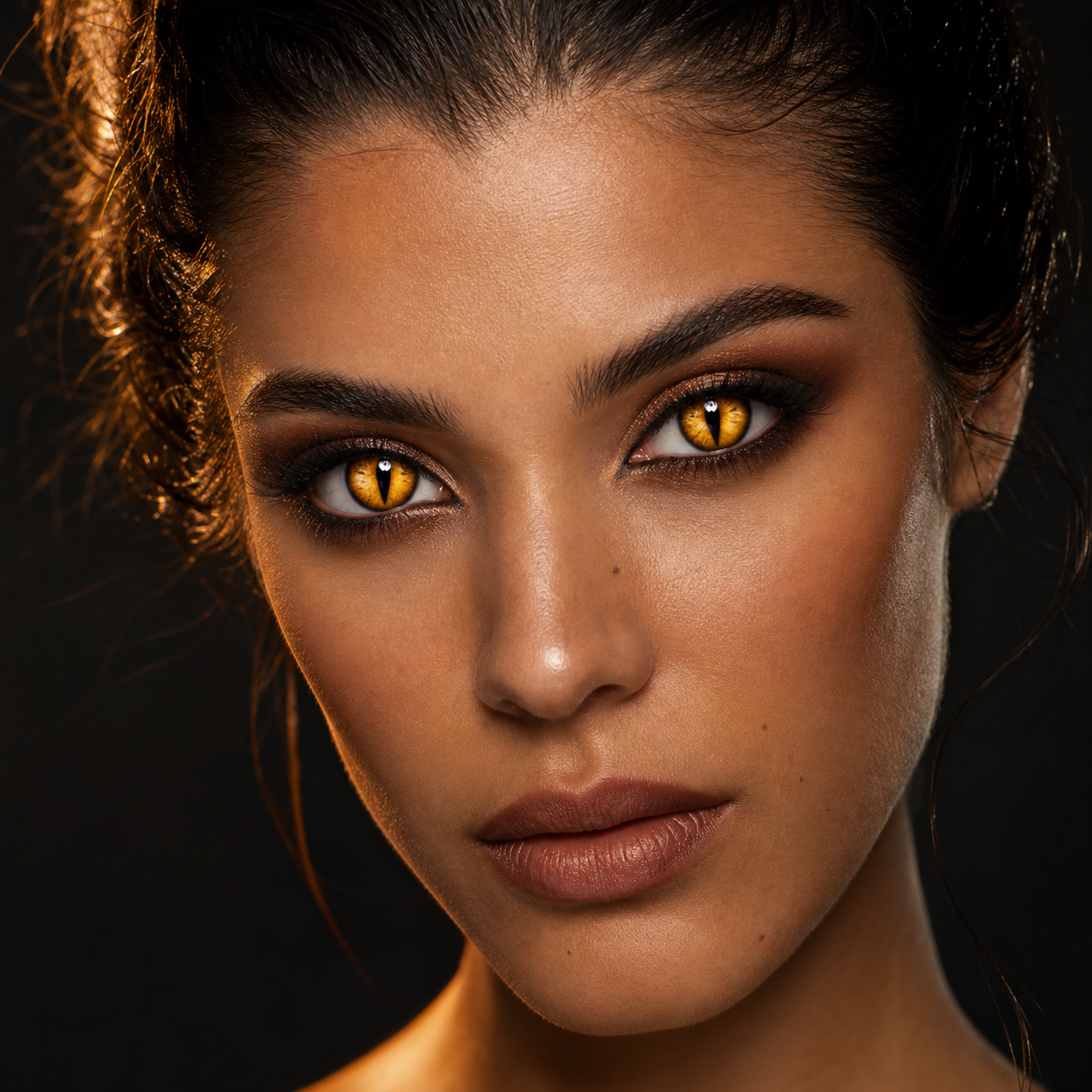 Feline Ember Gold colored contacts on model - midnight feline cosplay