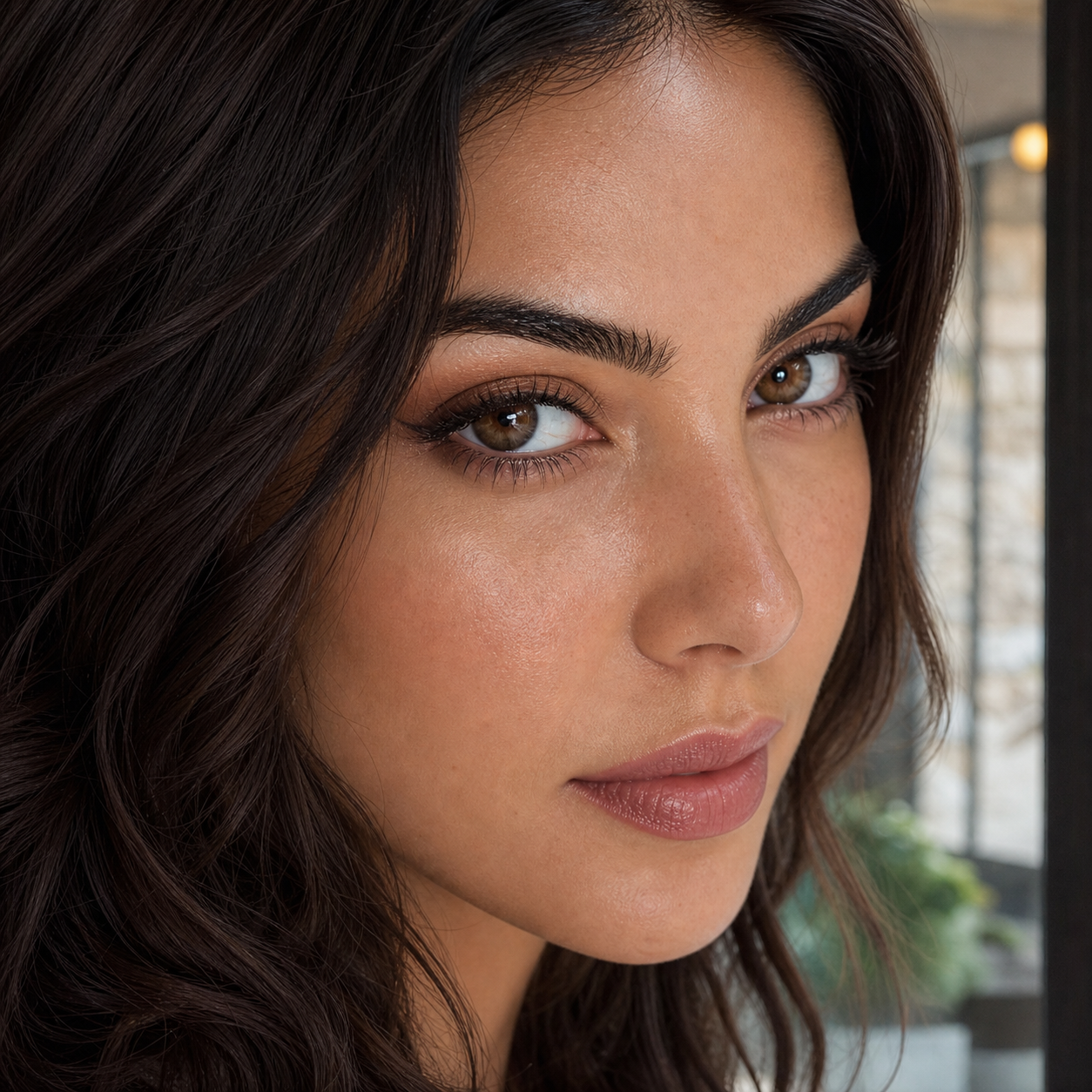 Espresso Silk Brown colored contacts on model - sunlit cafe editorial