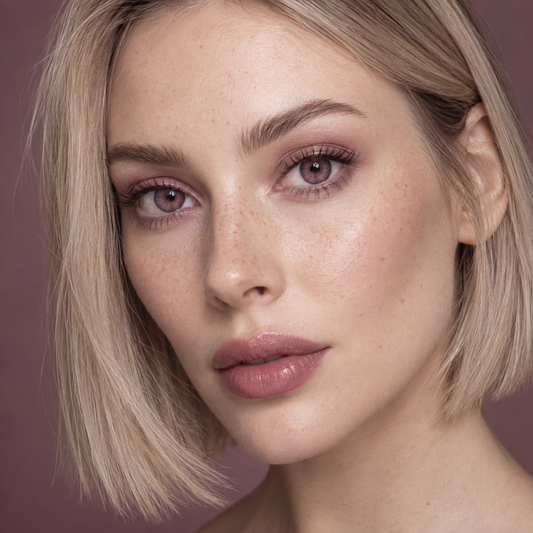 Eggplant Rose Petal Blend colored contacts on model - eggplant rose editorial