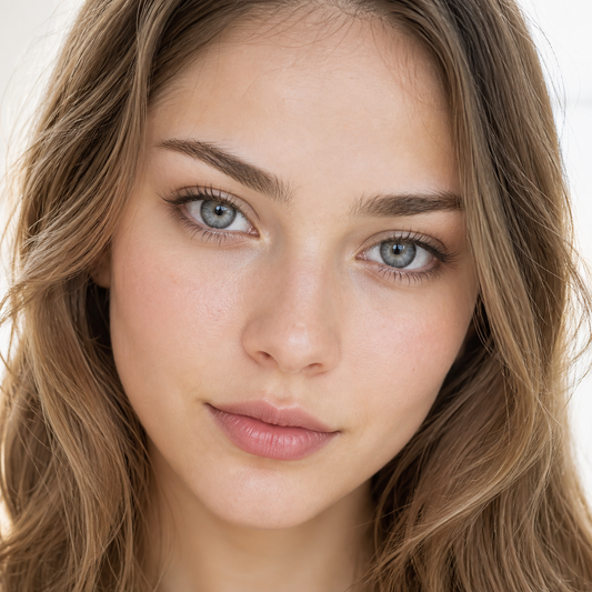 Smoke Ring Gray colored contacts on model - dewy daylight beauty