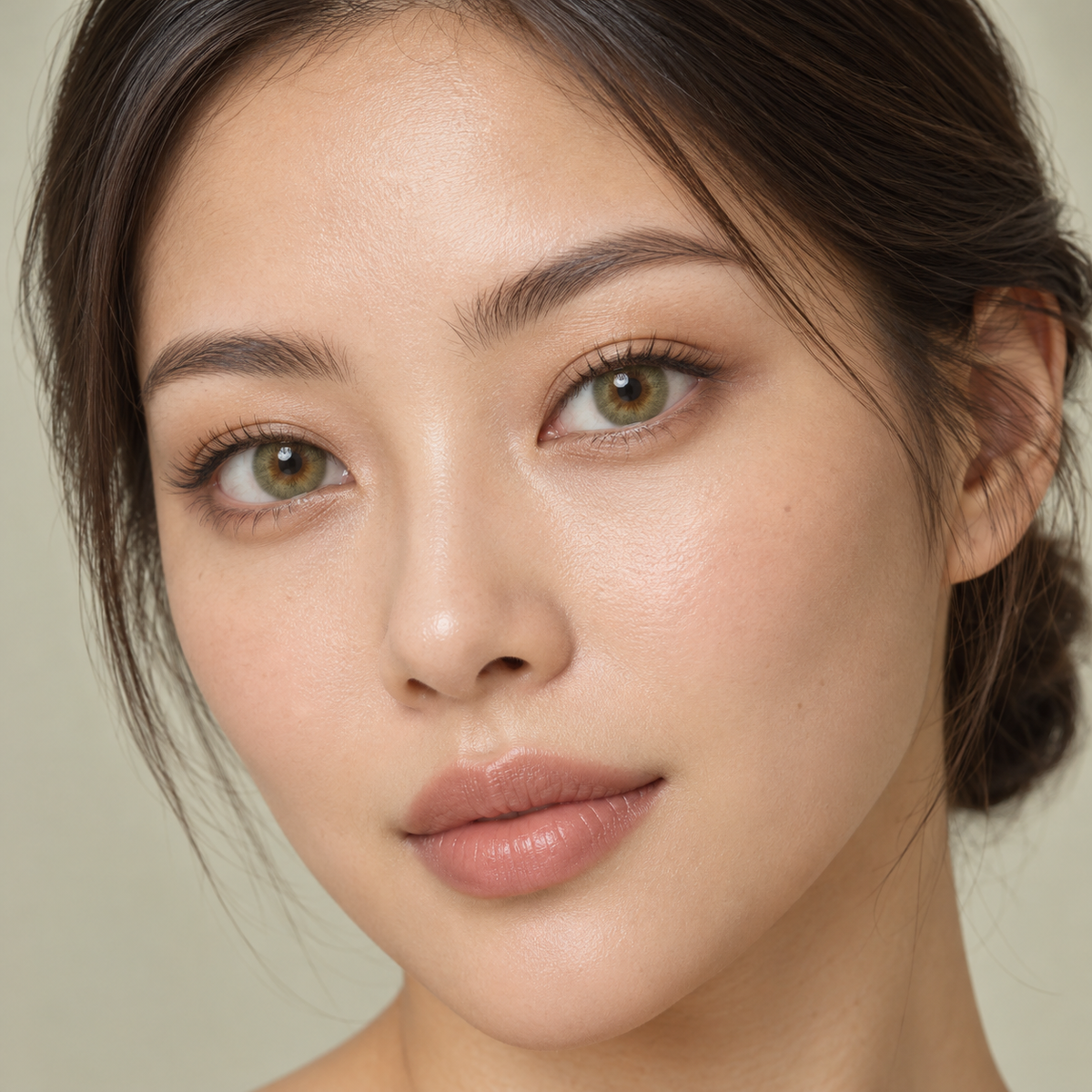 Moss Khaki Fine Fleck colored contacts on model - moss khaki clean beauty