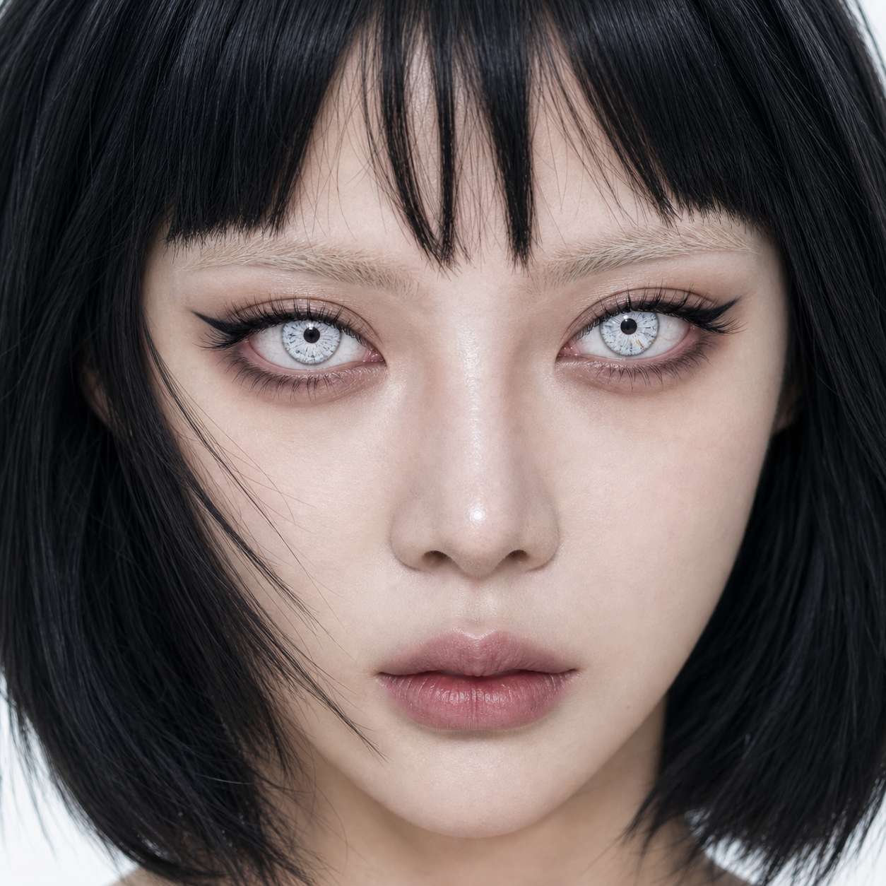 Ghost Mesh White colored contacts on model - close-up wearing effect