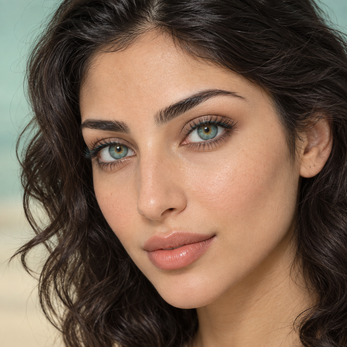Sea Glass Teal Feather Fade colored contacts on model - coastal glass clean beauty