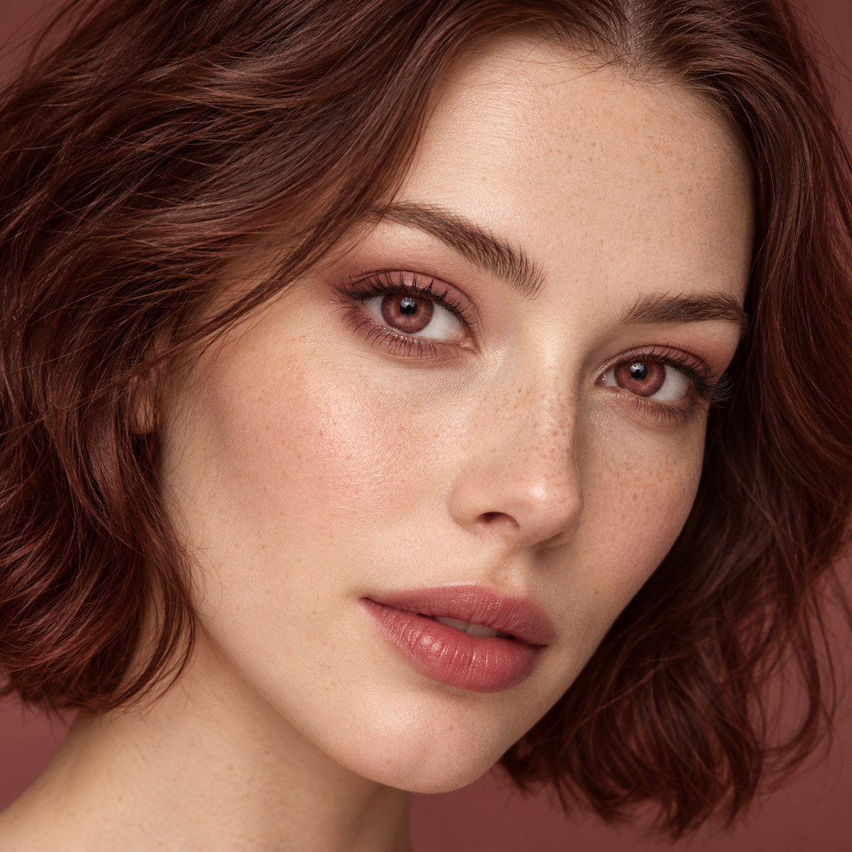 Garnet Cranberry Silk Fade colored contacts on model - cranberry soft-focus beauty