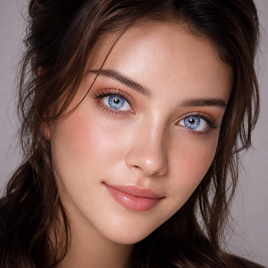 Ocean Petal Halo Blue colored contacts on model - soft romantic close-up